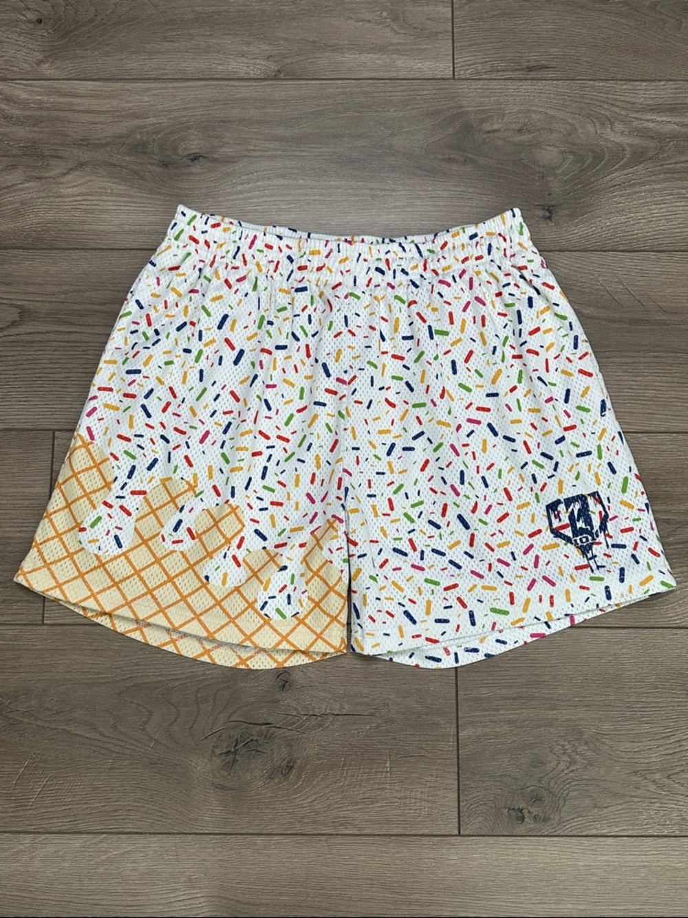 Men's White Sprinkles Athletic Shorts with Yellow Waffle Detail